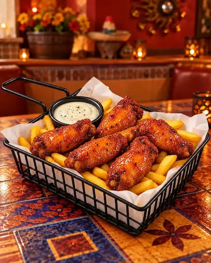 Alitas con papas de La Parrilla Tap